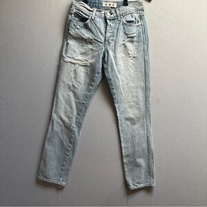 AMO boyfriend relaxed mid rise Buttonfly Distressed Woman Jeans Sz 25